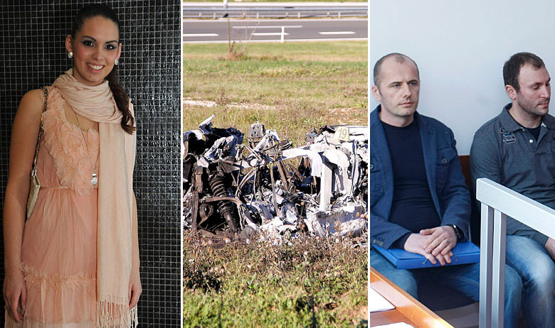 Ivana Obad (lijevo); Ferrari u kojem je poginula (u sredini); Dalibor Opačak i Marin Čolak (desno)
