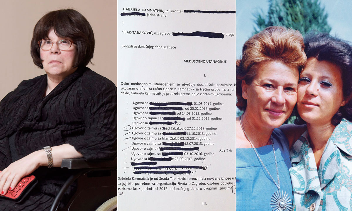 Gabrijela Kamnatnik (lijevo), popis vjerovnika na ugovoru (sredina) i Gabrijela Kamnatnik s majkom na fotografiji iz 1974. godine