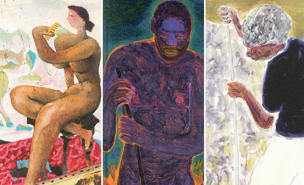 Na izložbi je nekoliko autora mlađe generacije. Dominik Vuković slika akt referirajući se direktno na akt Marina Tartaglie “Češljanje” iz 1924. godine, a rad se zove “Tartaglin san” (sasvim lijevo). Grgur Akrap oslikao je na obje strane daske rad “Onaj koji ubija zmiju” (u sredini i desno)