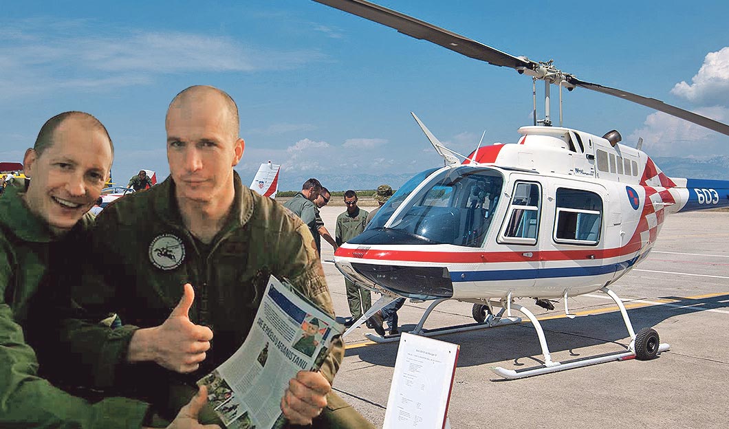 Zdenko Košutić i Ivan Krizman (lijevo), helikopter Bell 206 Jet Ranger (desno)