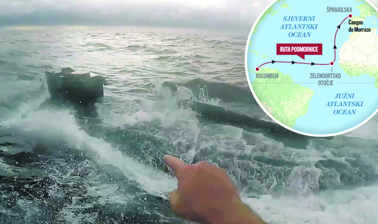 Ilustracija podmornice; ruta podmornice (u krugu)