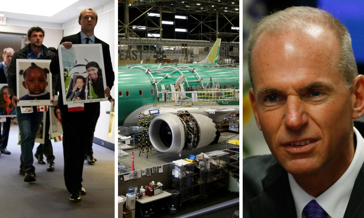 S lijeva na desno: članovi obitelji drže portrete poginulih, Boeing 737 max na proizvodnoj liniji u tvornici u Rentonu, Dennis Muilenburg