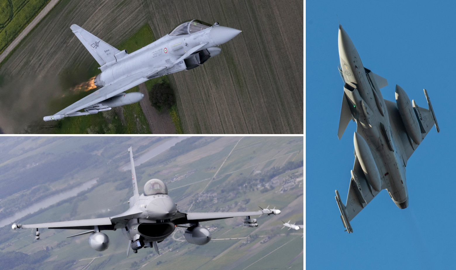 Eurofighter (lijevo gore), F-16 (dolje desno), Saab Gripen (desno)