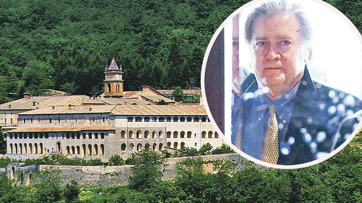 Samostan Trisulti u Italiji (lijevo) i Steve Bannon (desno u krugu)