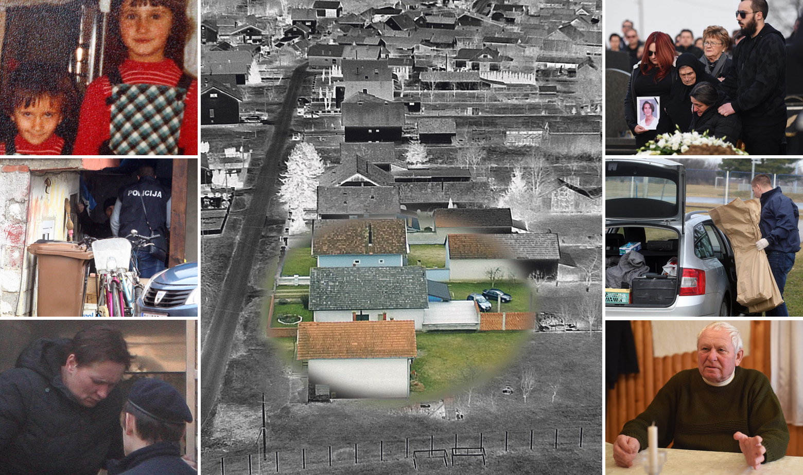 Lijevo: Smiljana i Jasmina kao djeca, policija i Smiljana Srnec' Sredina: 'Kuća Srnecovih' Desno: 'Pogreb Jasmine, policija uzima materijale iz kuće i župnik Đuro Vukalović
