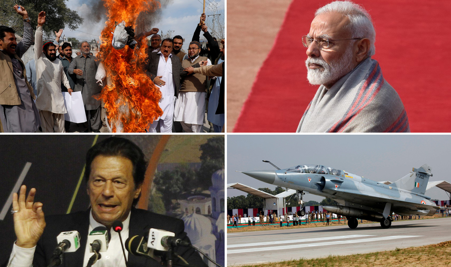 Lijevo: Bijesni Pakistanci, Imran Khan; desno: Narendra Modi i indijski borbeni avion Mirage 2000