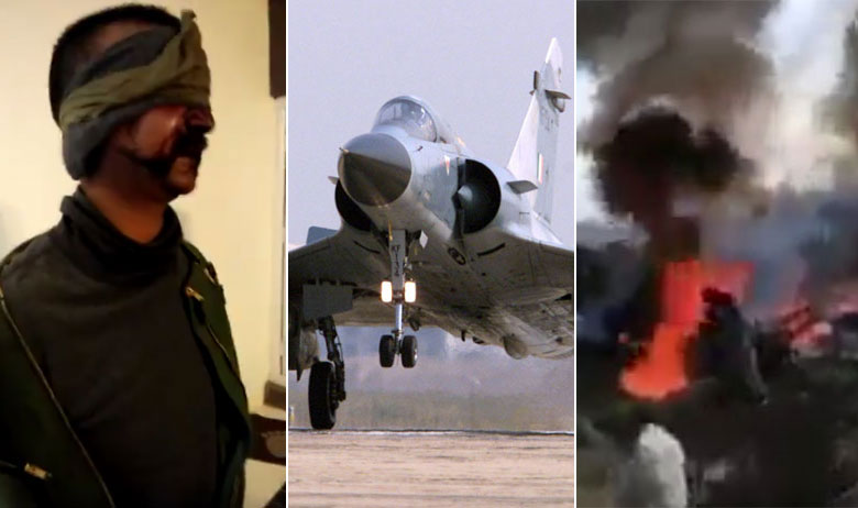 Zarobljeni indijski pilot (lijevo), indijski Mirage 2000 (arhiva, u sredini) i mjesto na kojem je srušen indijski zrakoplov (desno)