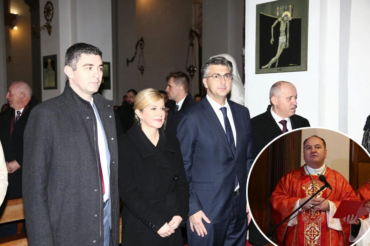 Mato Franković, Kolinda Grabar-Kitarović, Andrej plenković i Branko Bačić; u krugu: biskup Petar Palić