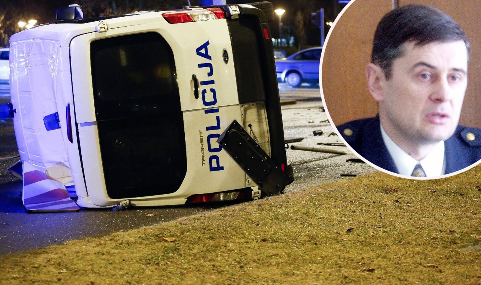 Prevrnuto policijsko vozilo i Luka Lenić u krugu (arhivska fotografija)