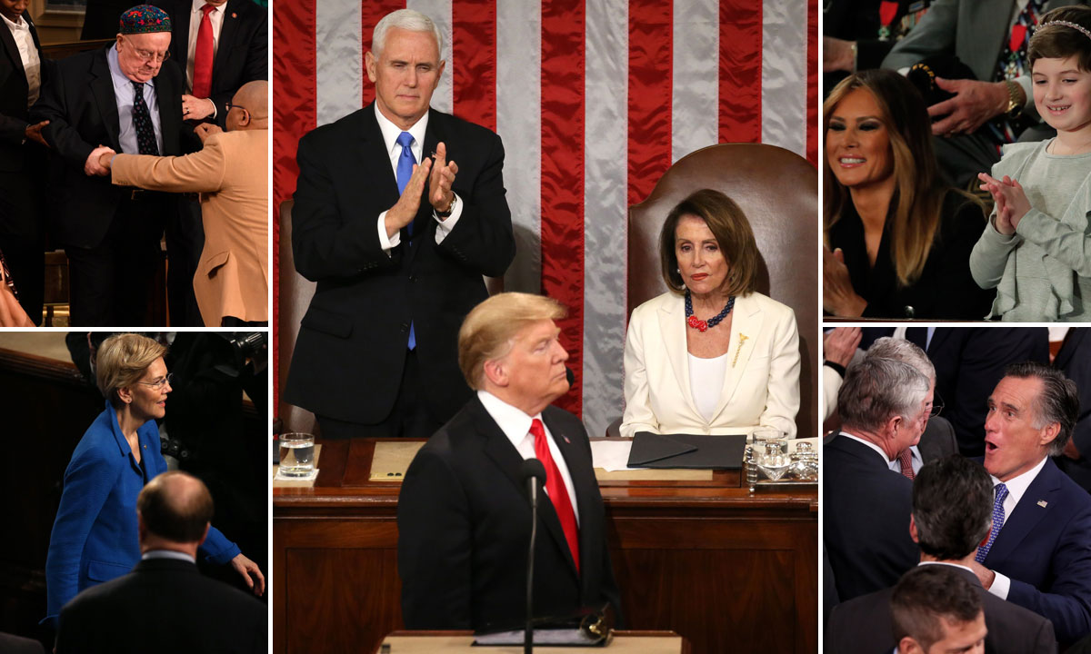 gore lijevo: Judah Samet; dolje lijevo: Elizabeth Warren; u sredini: Mike Pence, Donald Trump i Nancy Pelosi; gore desno: Melania Trump i Grace Eline; dolje desno: Mitt Romney