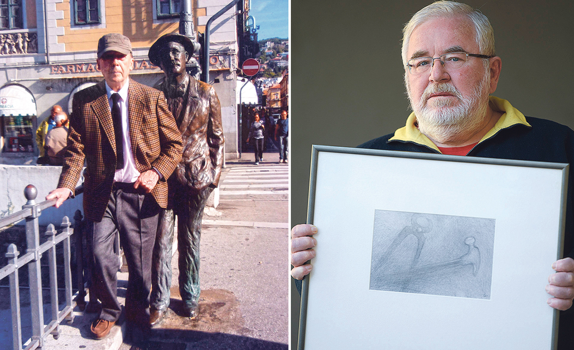 Josip Vaništa (lijevo) i Željko Ivanjek sa slikom koju mu je Vaništa poklonio kao zamjenu za ilustraciju s “Medvjeda” (desno)