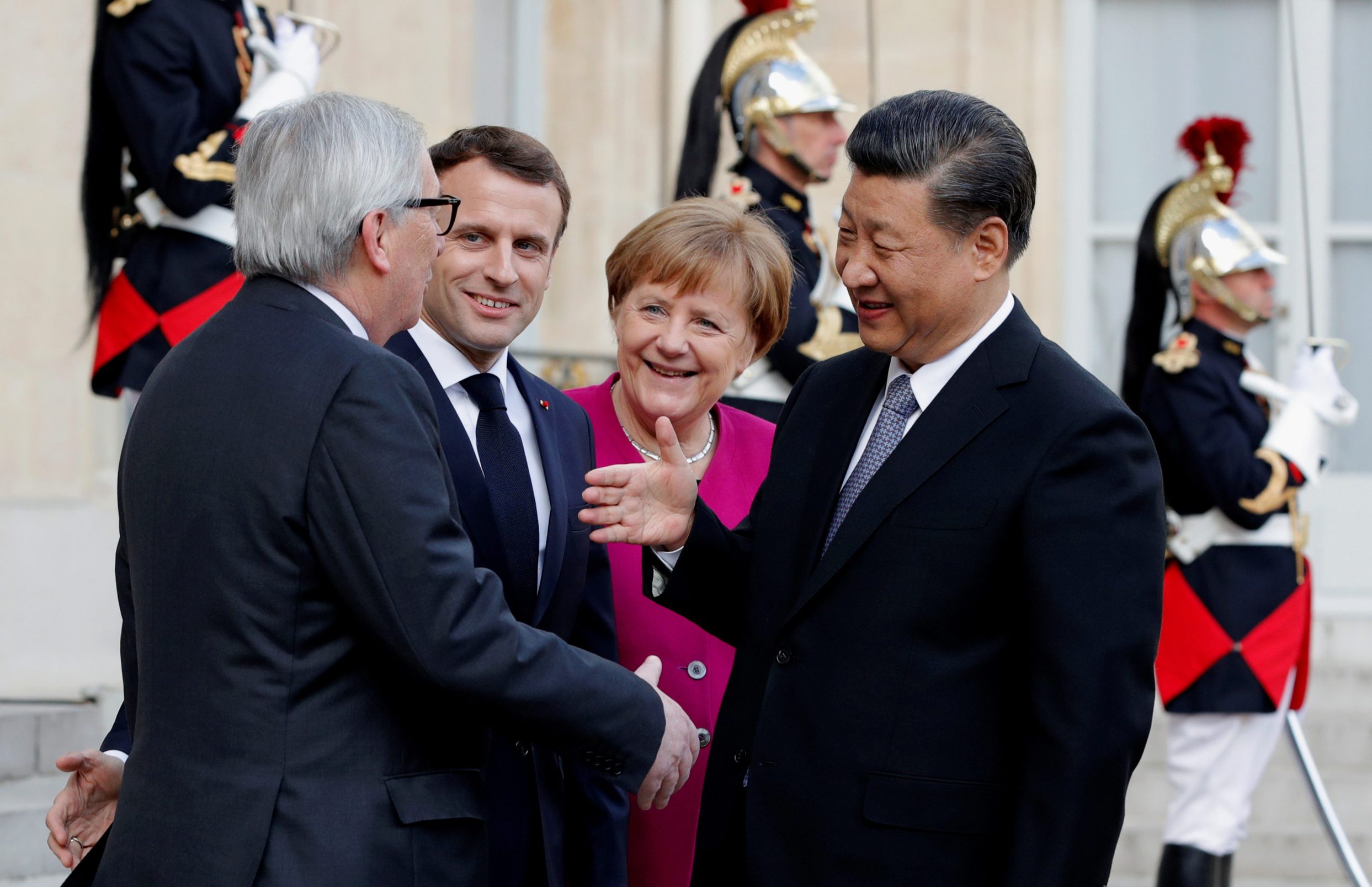 Jean-Claude Juncker, Emmanuel Macron, Angela Merkel i Xi Jinping