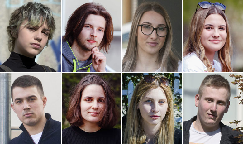 Kiša Bizović Grgas, antifašistkinja iz Zagreba (gornji red, prva s lijeva); Ilian Gugić, član Zelene akcije (član Zelene akcije, gornji red, drugi s lijeva); Tea Podbojec, bori se od 11. godine (gornji red, treća s lijeva); Marija Jelovečki, aktivistica širokog spektra (gornji red, četvrta s lijeva); Rok Čepin, borac za klimu i mobitele (donji red, prvi s lijeva); Vita Gjuretek, bori se za prava životinja (donji red, druga s lijeva); Laura Skala, inicirala štrajk za klimu (donji red, treća s lijeva); Klaudije Mažar, akcije umjesto prosvjed (donji red, četvrti s lijeva)