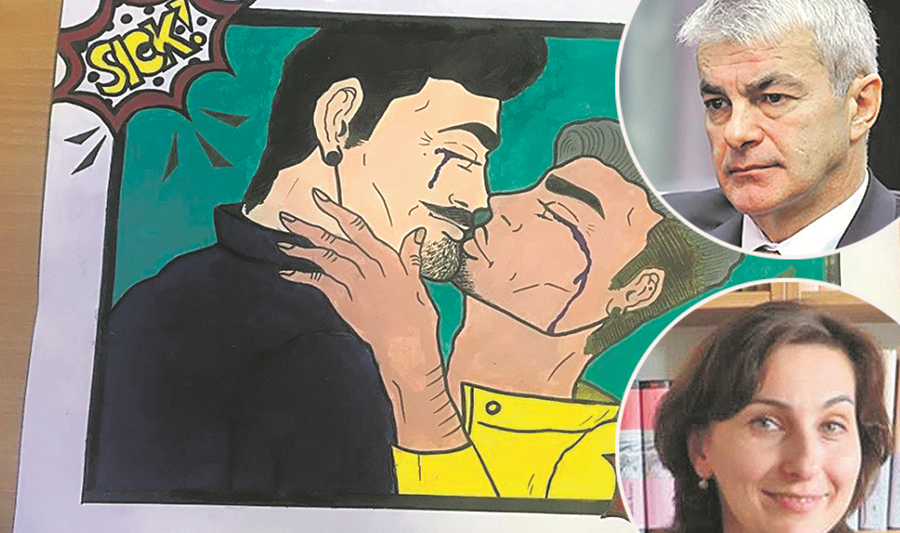 Sporni plakat, u krugu ravnatelj Rade Šimičević i profesorica Ivanka Radulić