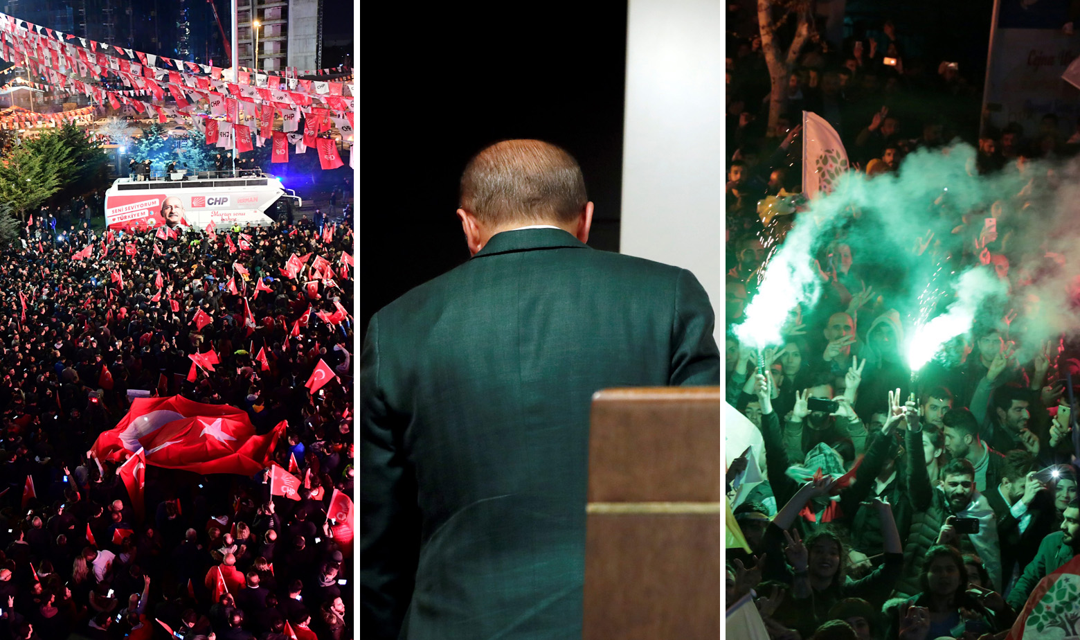 Pobornici opozcijskih stranaka CHP (lijevo) i HDP (desno), u sredini Erdogan