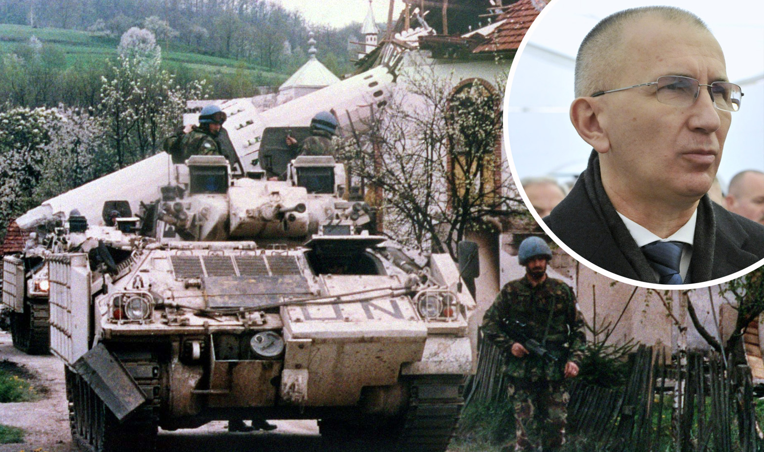 Uništena džamija u Ahmićima (arhivska fotografija) i osuđeni ratni zločinac Dario Kordić u krugu