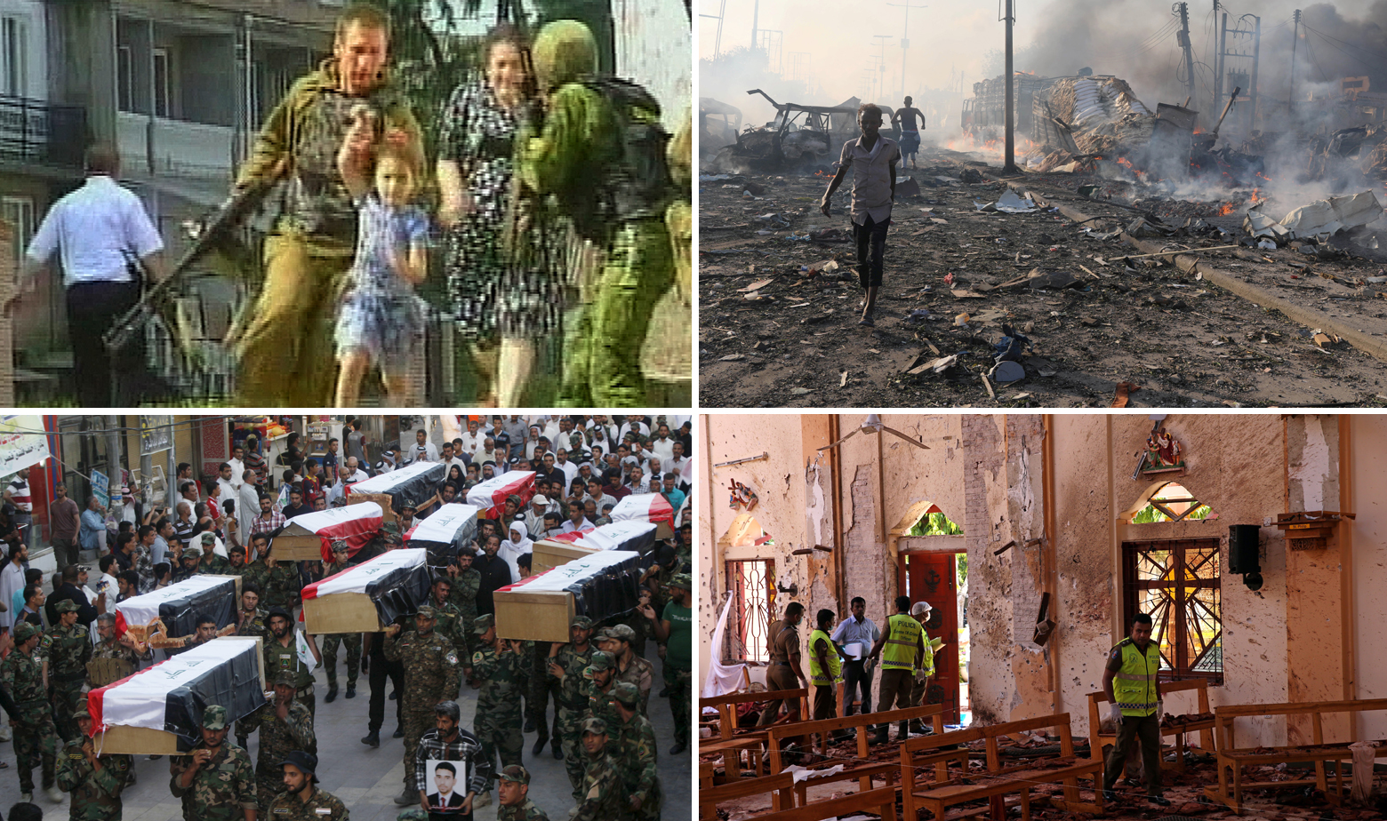 Scene iz Beslana, Mogadišua, Iraka i Šri Lanke, tijekom ili nakon terorističkih napada