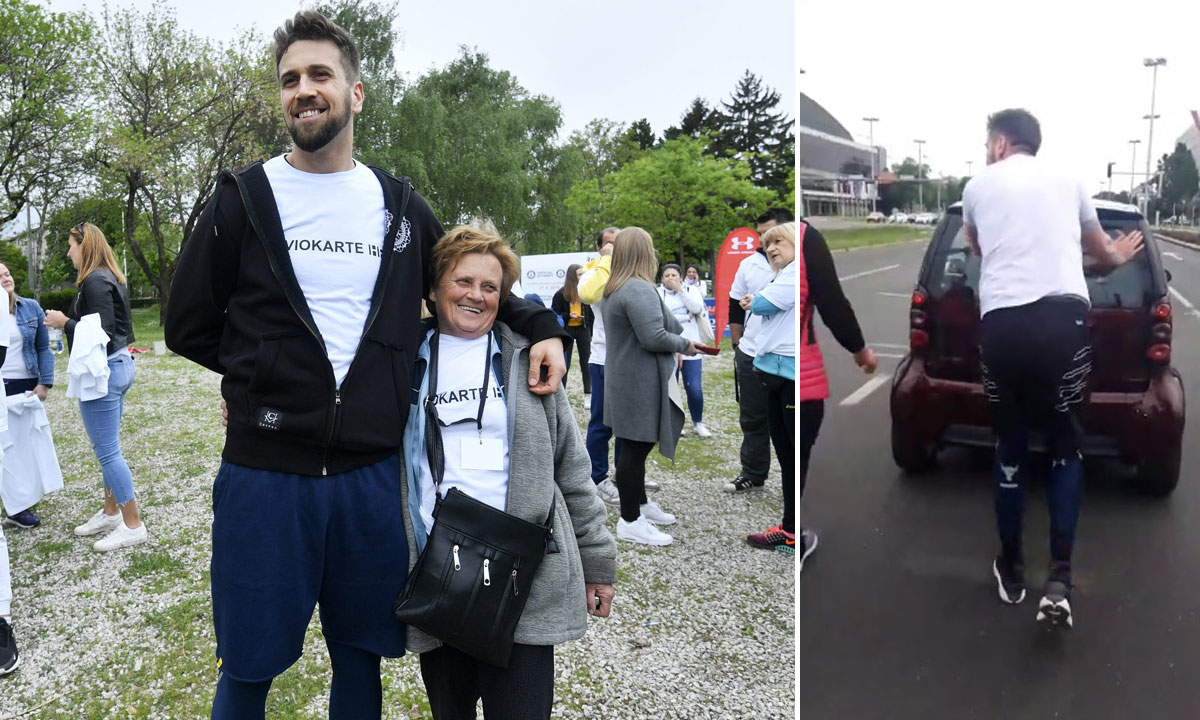 Tomislav Lubenjak s bakom Maricom (lijevo), Lubenjak gura auto (desno)