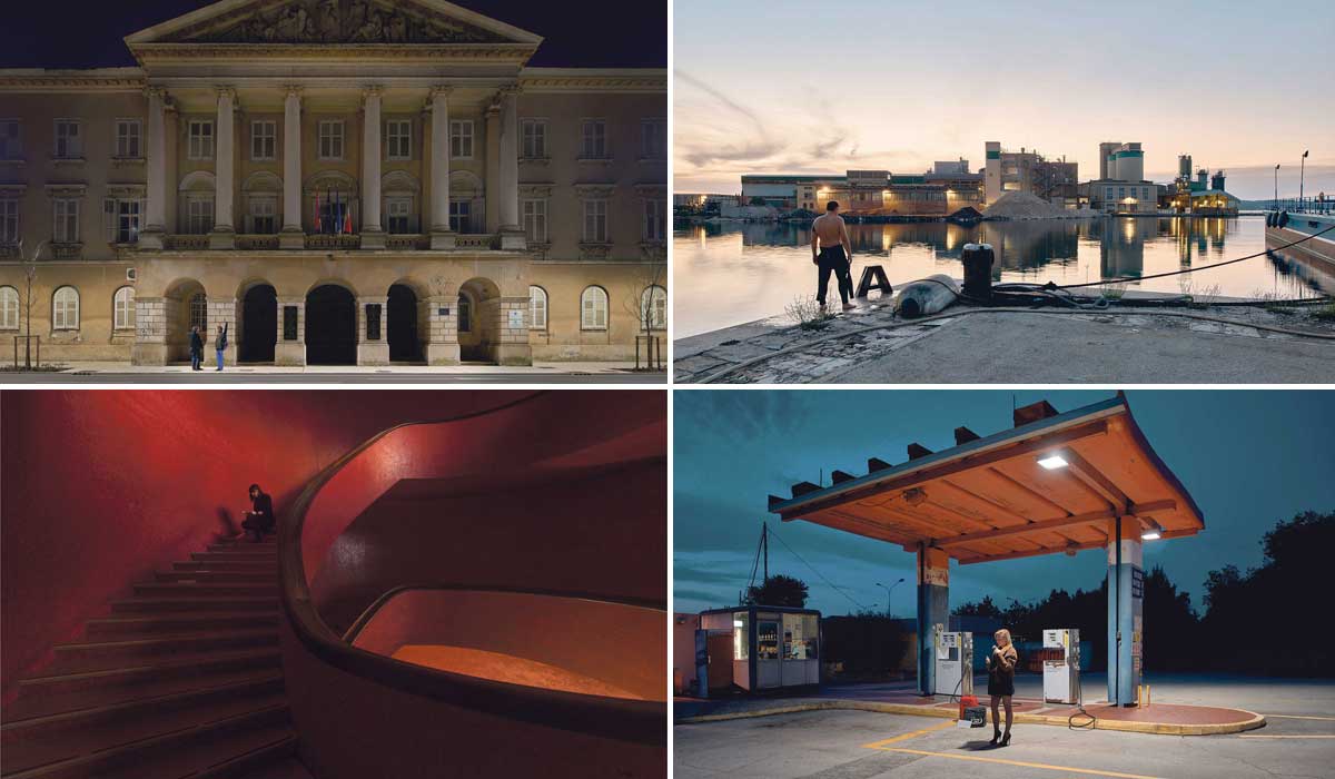 (gore) stožerna palača u Puli sagrađena u drugoj polovici 19. stoljeća; tvornica cementa Pula; 
(dolje) spiralno stubište pulske pošte; Inina benzinska crpka