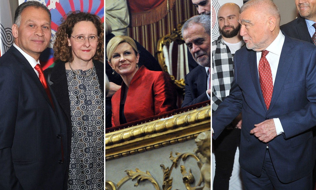 Veljko Kajtazi i Nina Obuljen Koržinek (lijevo), Kolinda Grabar-Kitarović i Milan Bandić (u sredini), Stjepan Mesić (desno)