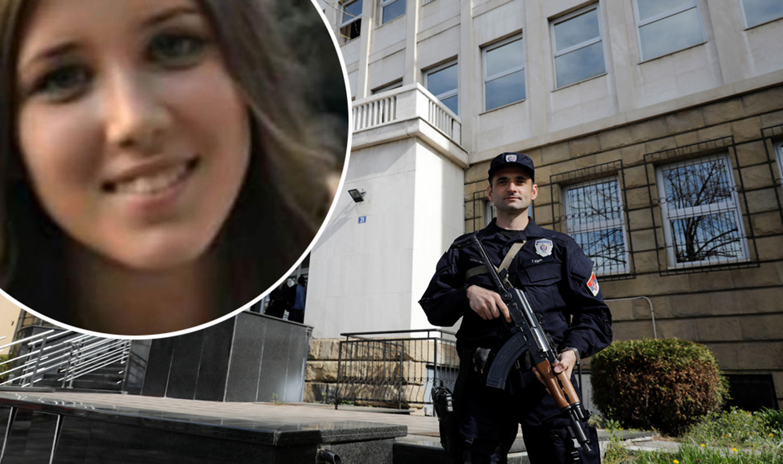 Policajac ispred zgrade Specijalnog suda u Beogradu i Tijana Jurić u krugu
