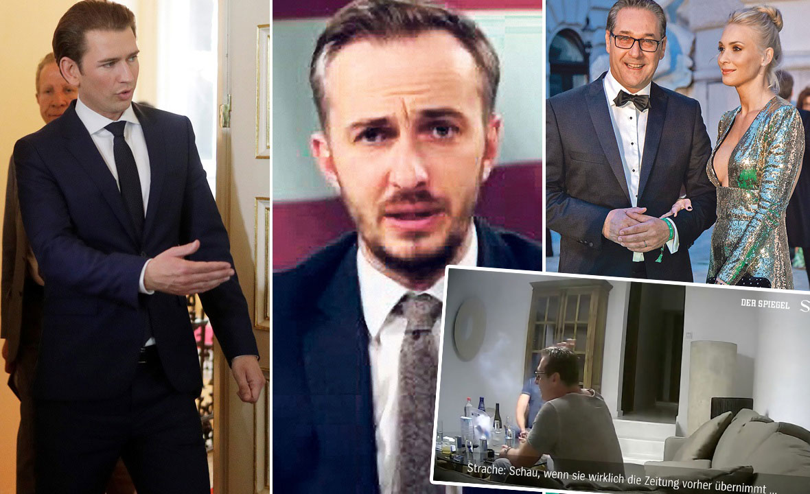 Sebastian Kurz (lijevo), Jan Böhmermann (u sredini) i Heinz-Christian Strache sa suprugom (desno), kadar iz snimke s Ibize (dolje desno)