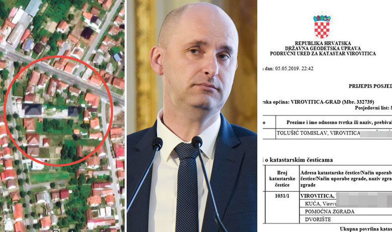Ministar Tomislav Tolušić u imovinskoj je kartici prijavio kuću u Virovitici dovršenu prošle godine te naveo da je površine 153 četvornih metara i vrijedna 950.000 kuna. Međutim, u katastru je navedeno da površina njegove kuće iznosi 330 četvornih metara. On tvrdi da su to garaža, pomoćni prostori i roštilj