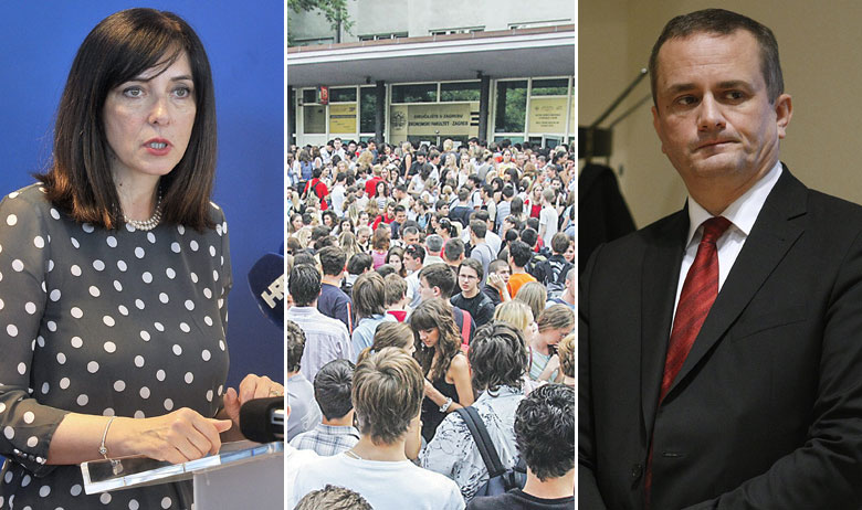 Ministrica Blaženka Divjak (L) ističe da je odluka donesena bez konzultacije s Ministarstvom, a Uprava koju vodi dekan Ekonomskog fakulteta u Zagrebu Jurica Pavičić (D) ne odustaje od 
svog obrazloženja