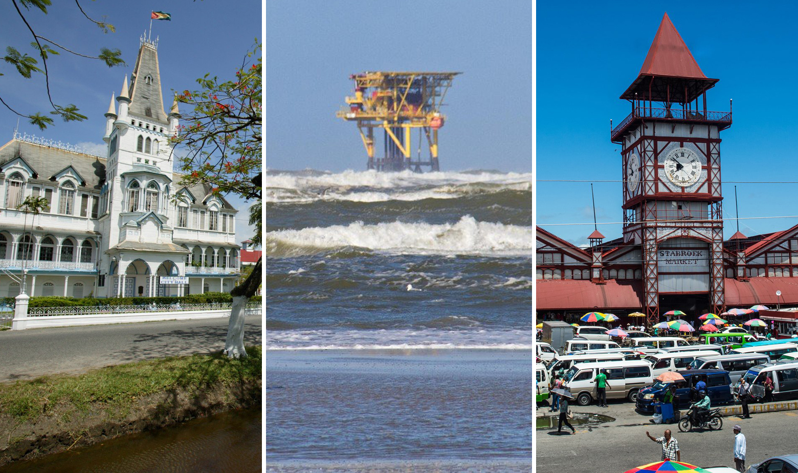 Lijevo i desno Georgetown u Gvajani, u sredini ilustracija naftne platforme