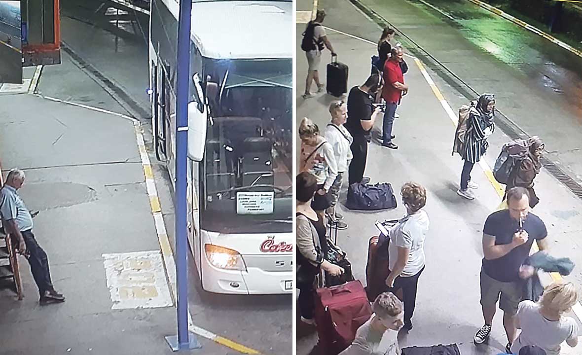 
Na jednoj snimci vidi se peron 502 pun putnika koji nervozno čekaju bus za Njemačku koji ne dolazi, a na drugoj je snimci moguće vidjeti vozilo Čazmatransa koje stoji na pogrešnom peronu 202, posve praznom, te vozača kako naslonjen na ogradu traži nešto na mobitelu