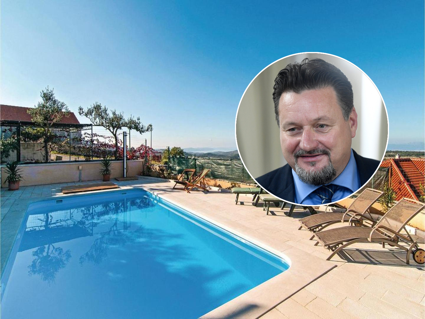 Lovro Kuščević (u krugu) i njegova kuća u Nerežišćima na Braču