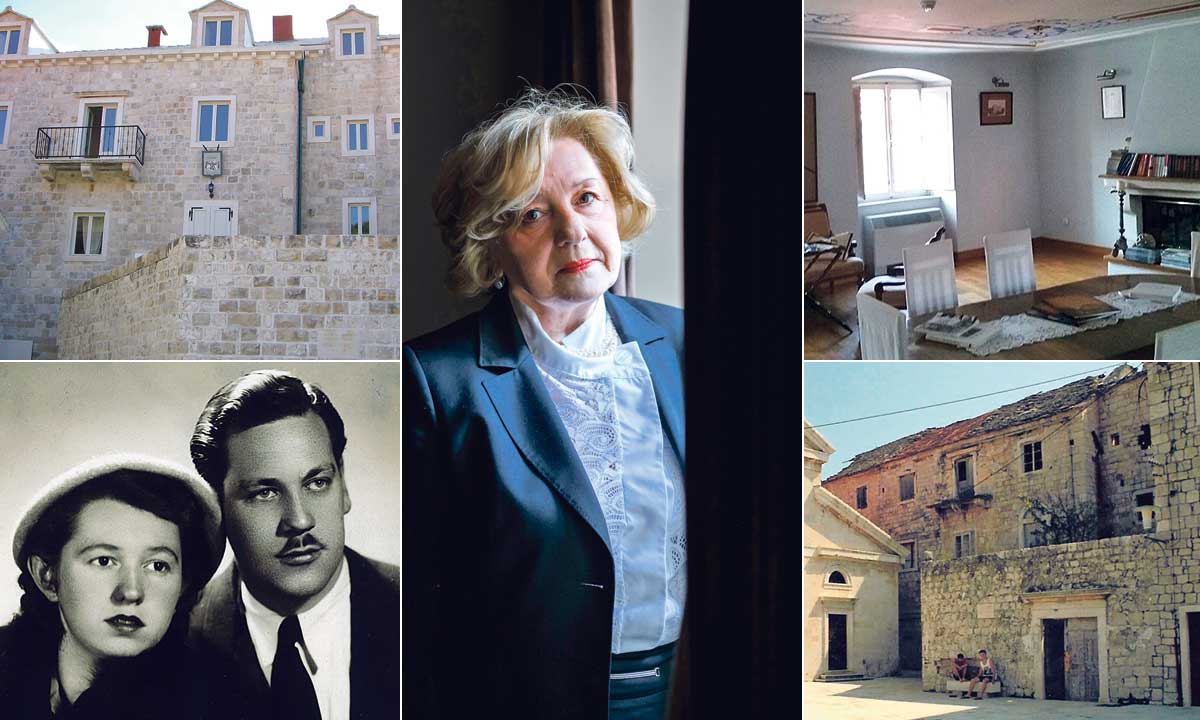 Pročelje palače obitelji Dešković na Braču prije i nakon obnove, Ružica Dešković (u sredini) i njeni roditelji Anđelko i Dragica (dolje lijevo)