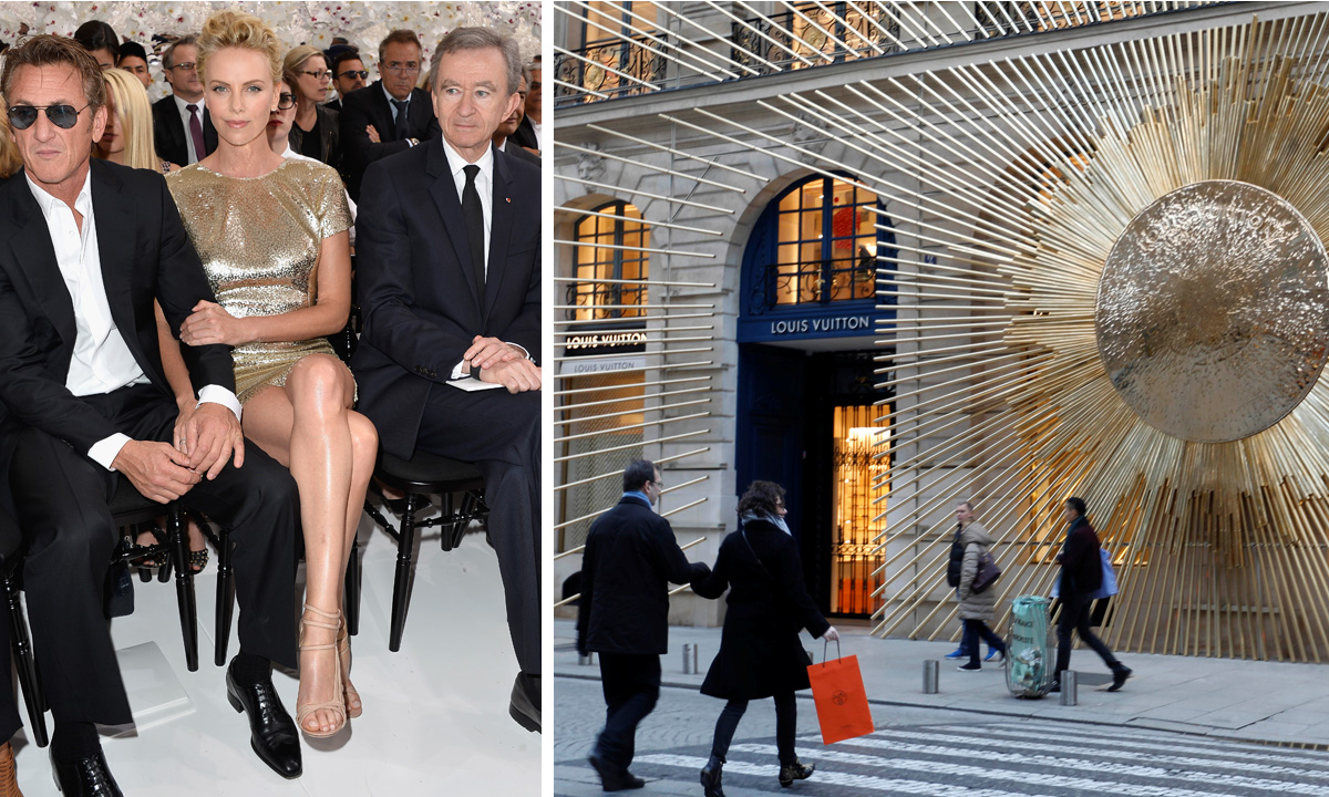 Sean Penn, Charlize Theron i Bernard Arnault (vlasnik  Louis Vuittona) na reviji Christian Diora (lijevo)