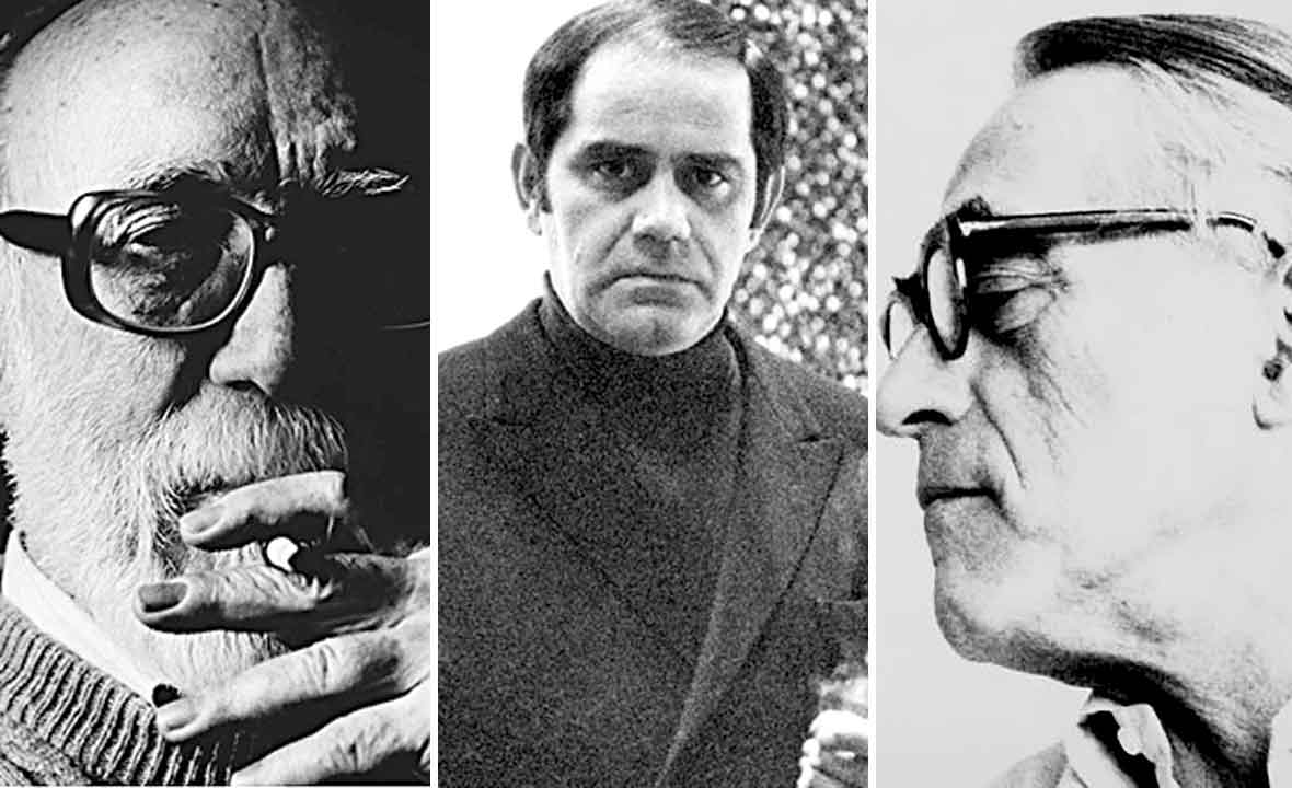 Portreti Ive Šebalja (lijevo), Dušana Džamonje (u sredini) i Krste Hegedušića (desno)