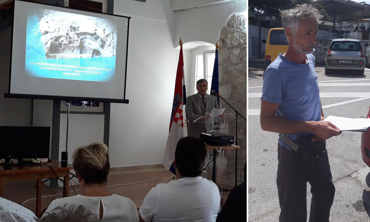 Nenad Kuščević, predsjednik Općinskog vijeća, održao je prezentaciju o uspjesima svojeg sina Lovre, donedavnog ministra (lijevo); vijećnik Šime Tomičić (desno)