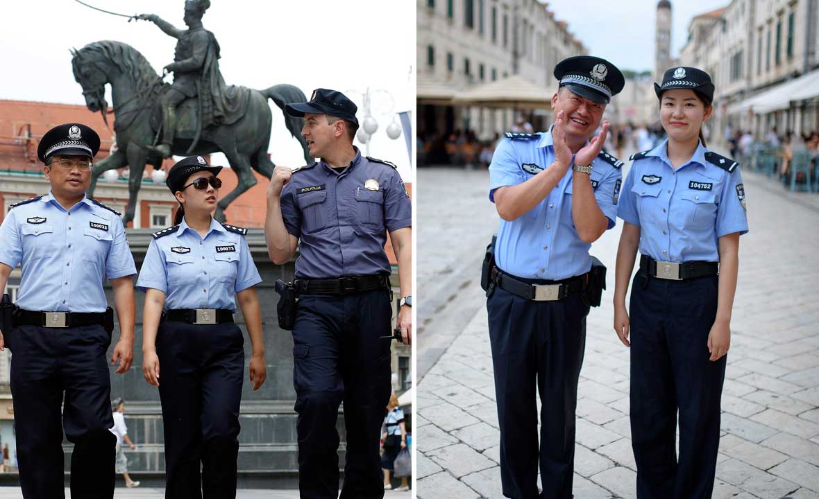 Xue Qiuang i Yo Shuting s hrvatskim kolegom u ophodnji na Trgu bana Jelačića (lijevo), dvoje kineskih policajaca u Dubrovniku (desno)