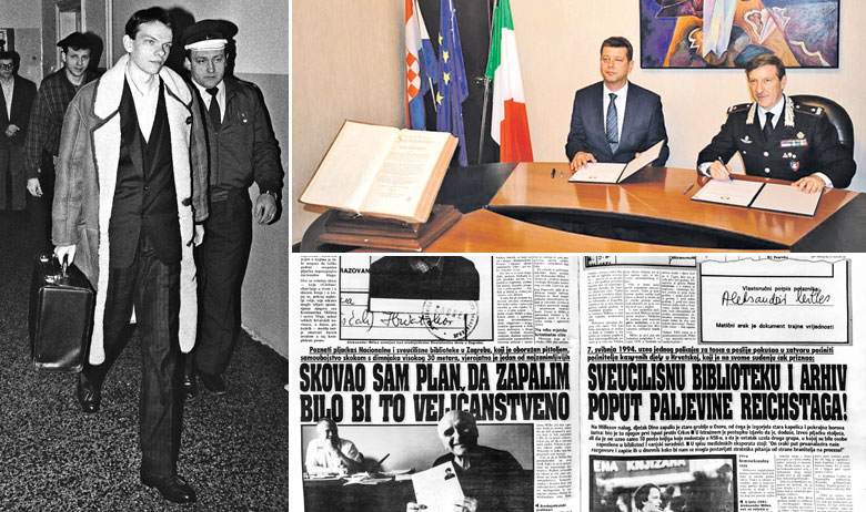 Gore desno: Talijanski karabinjeri su prije par dana našem veleposlaniku u Italiji Jasenu Mesiću predali ukradeni svezak knjige “Selenographia, sive Lunae descriptio” iz 1647. godine autora Johannesa Heveliusa, poljskog znanstvenika kojeg smatraju utemeljiteljem topografije Mjeseca i koji je za života u Gdanjsku sagradio najveći teleskop na svijetu; Lijevo: Aleksandar Milles; dolje desno: Mozak pljačke iz 80-ih godina prošlog stoljeća bio je Zagrepčanin Aleksandar Milles koji je od 1982. do 1987. godine organizirao krađu više od 1650 knjiga, veduta, grafika, karata i ilustracija iz Nacionalne i sveučilišne knjižnice na Marulićevu trgu