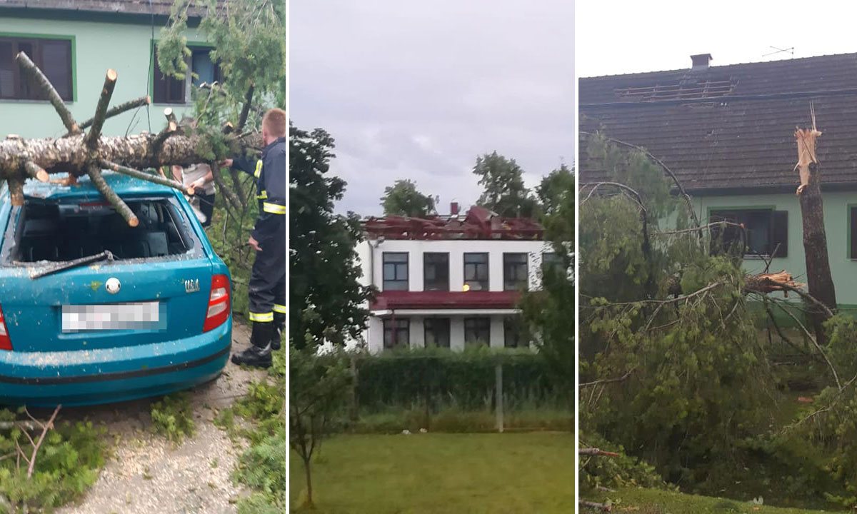 Oštećeni auto u Strošincima (lijevo), škola u Drenovcima (u sredini) i slomljeno stablo u Strošincima (desno)