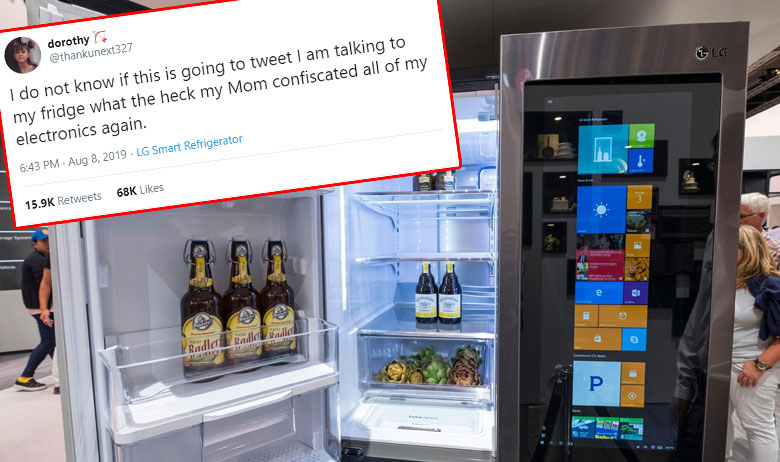 Tinejdžericina objava u kojoj se vidi da je tweetala s hladnjaka; ilustracija LG-jevog hladnjaka