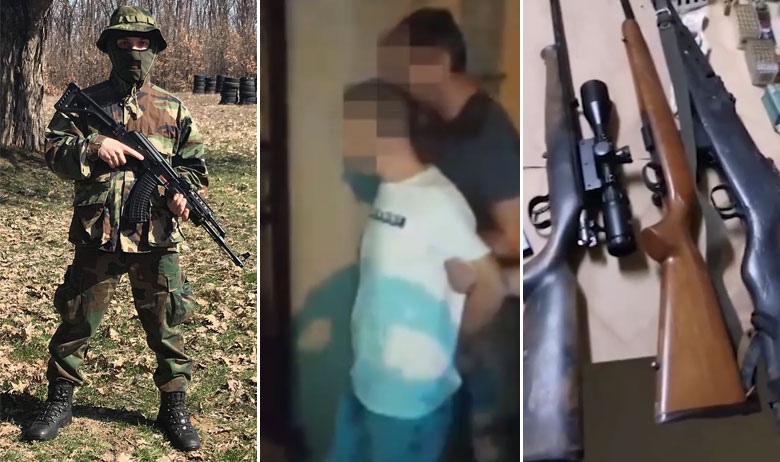 Davor P. (lijevo s Instagrama; u sredini tijekom privođenja); dio oružja koje je Davoru P. oduzeto prilikom uhićenja