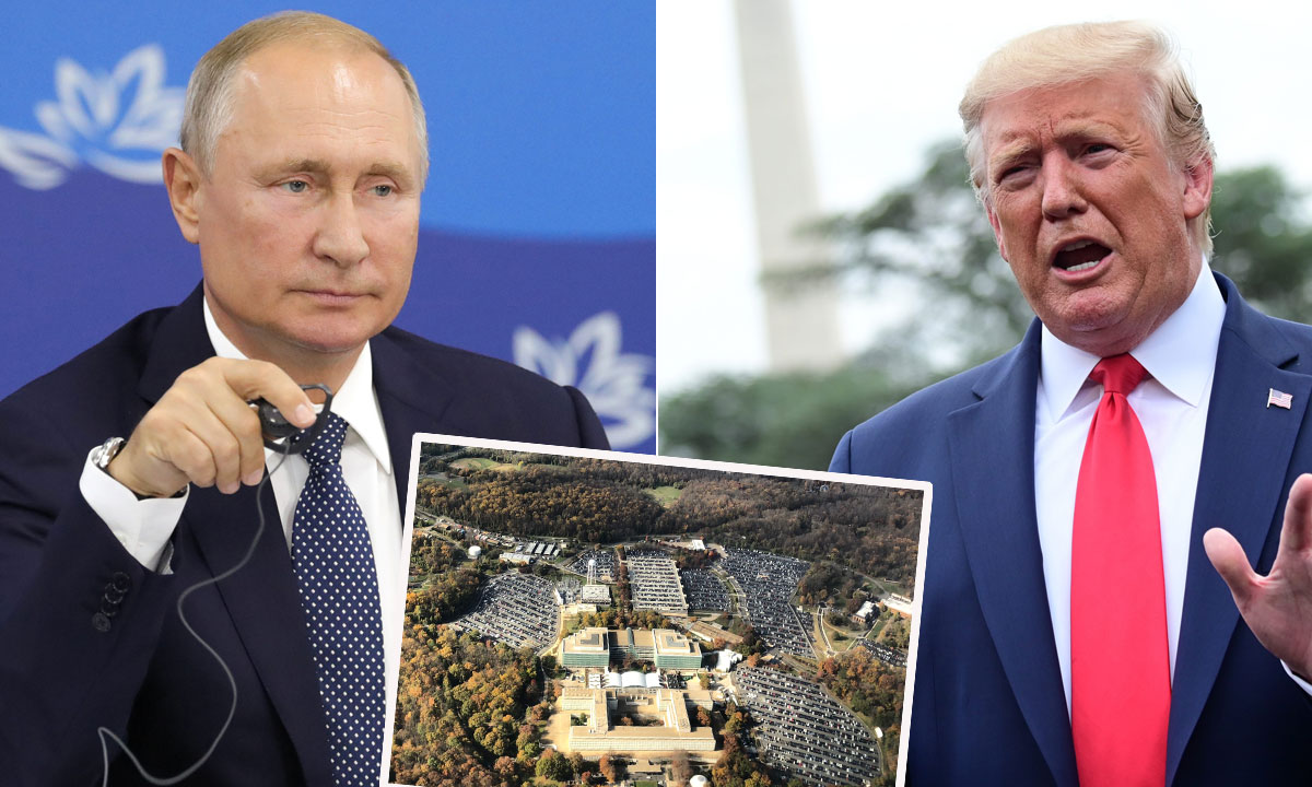 Vladimir Putin (lijevo), sjedište CIA-e u Langleyu, Donald Trump (desno)