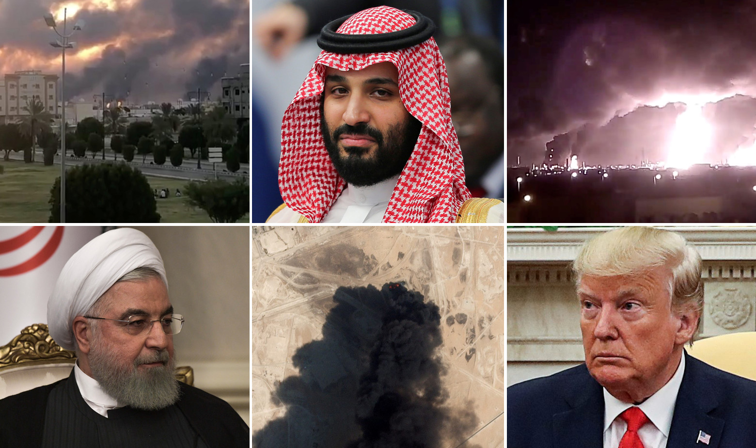 Gore: Scene napada u Suadijskoj Arabiji i krunski princ Mohammed bin Slaman; Dolje: Hasan Rouhani i Donald Trump