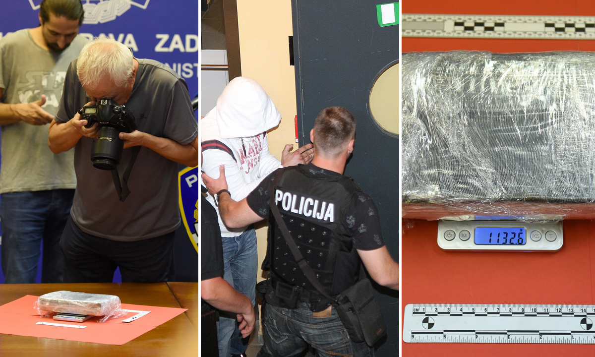 Zaplijenjeni kokain (lijevo i desno); ilustracija uhićenja (u sredini)