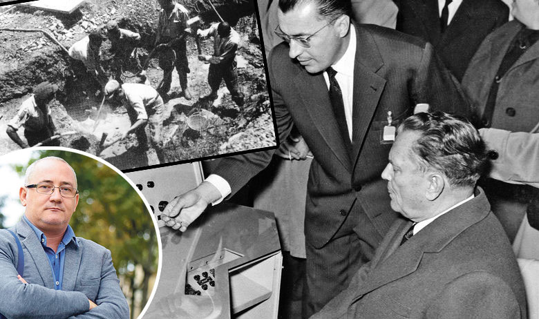 Dragomir Bondžić (dolje u krugu), Josip Broz Tito kod ciklotrona na Institutu Ruđer Bošković (desno), kopači tragaju za uranom (gore lijevo)