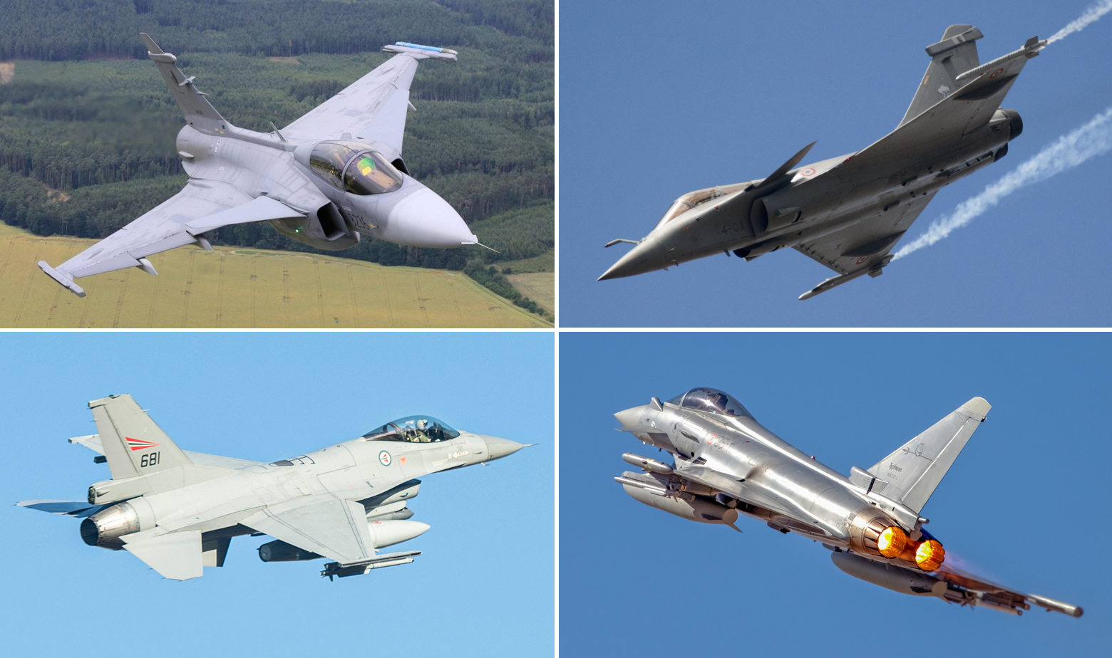 JAS 39 Gripen (gore lijevo), Dassault Rafale (gore desno), F-16 (dolje lijevo), Eurofighter (dolje desno)