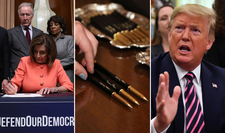 Nancy Pelosi potpisuje optužnicu; olovke koje je koristila za potpisivanje; Donald Trump