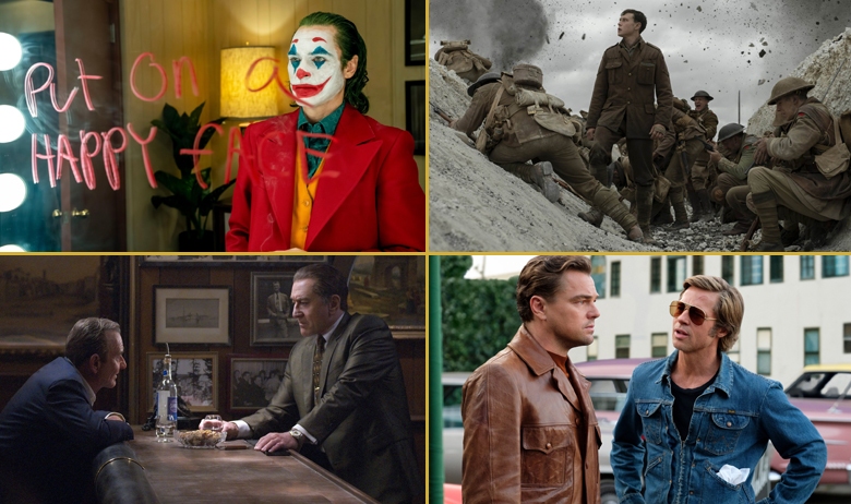 U smjeru kazaljke na satu: Joker; 1917; Bilo jednom u... Hollywoodu; Irac