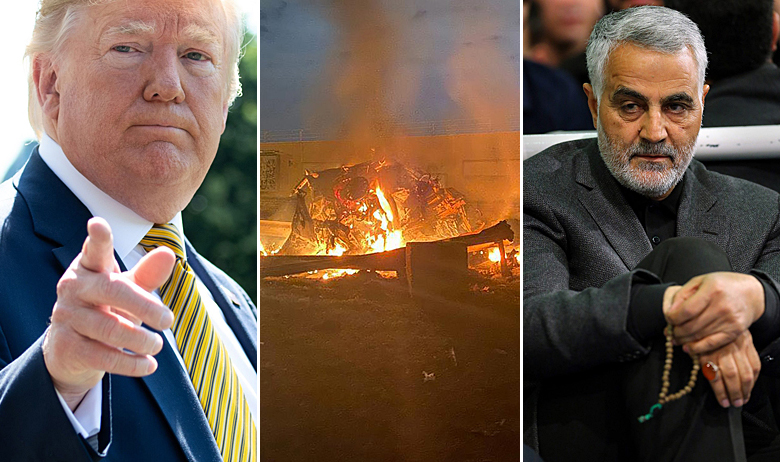Donald Trump (lijevo), automobil koji je uništila američka raketa i general Kasim Sulejmani (desno)