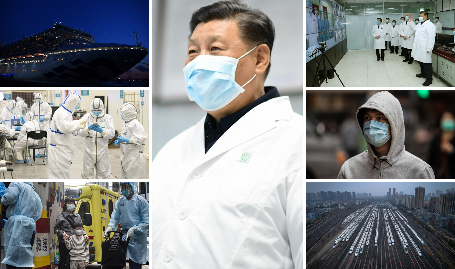 Kruzer Diamond Princess (gore lijevo), Xi Jinping (u sredini), prizori iz Wuhana i Hong Konga te superbrzi vlakovi koji danima stoje na stanici u Wuhanu (dolje desno)