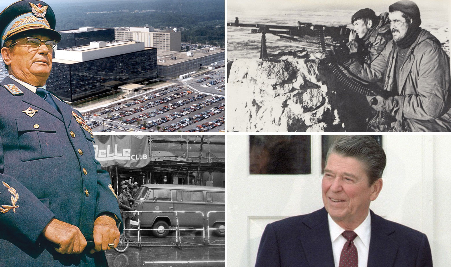 Sjedište NSA (gore lijevo), prizor iz Falklandskog rata (gore desno), napad na noćni klub La Belle u Berlinu 1986. (dolje lijevo), Ronald Reagan (dolje desno), Josip Broz Tito (sasvim lijevo)